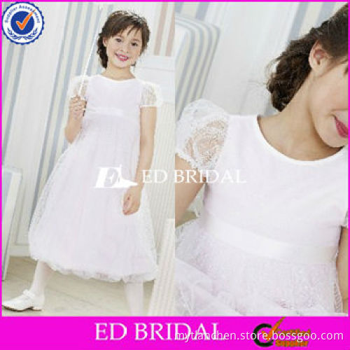 A-Line satin and tulle tea-Length Flower Girl Dresses For Wedding With Ruffle Beading